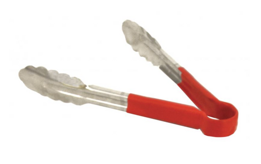TONGS METAL WITH PLASTIC HANDLE RED 9"